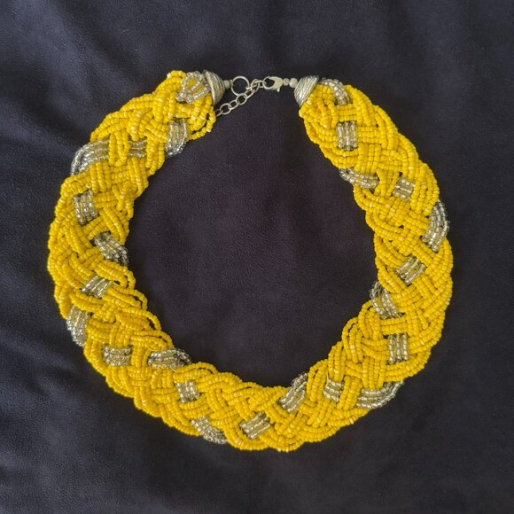 Vintage Hand-beaded-Woven Yellow and Silver-Glass Choker with Silver Hardware - Picture 2 of 11